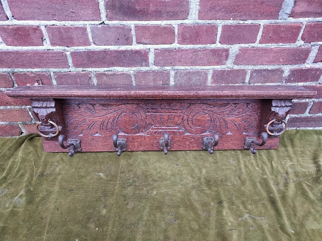 Mechelse eiken kapstok met 5 haken en leeuwenkoppen., Antiek en Kunst, Ophalen of Verzenden