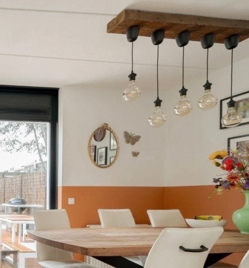 Houten balk lamp met 5 fittingen - 120 cm, Ophalen, Gebruikt, Hout, E27 (groot)