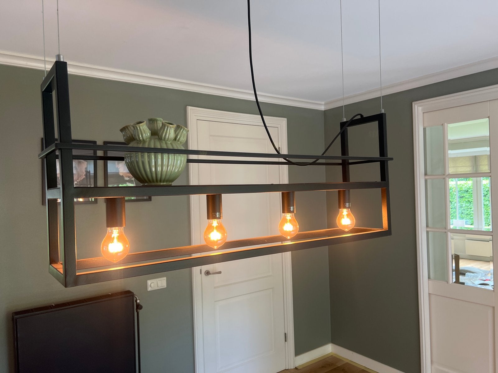 Industriële hanglamp met 4 lichtpunten, Ophalen, Zo goed als nieuw, Hout, 50 tot 75 cm