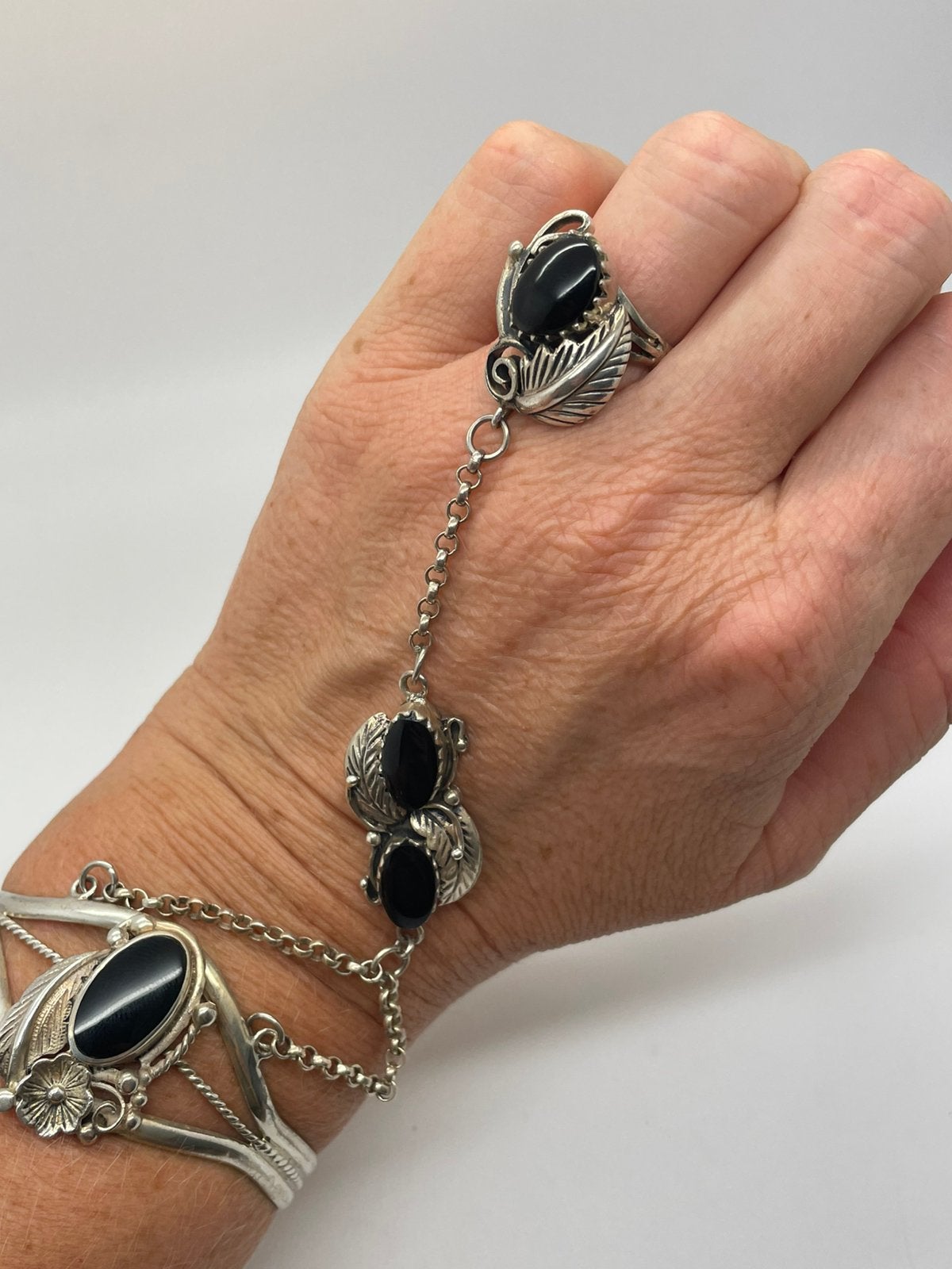 F465 Prachtige zilveren Navajo slavenarmband met ring, Ophalen of Verzenden, Zilver, Overige typen, Met edelsteen
