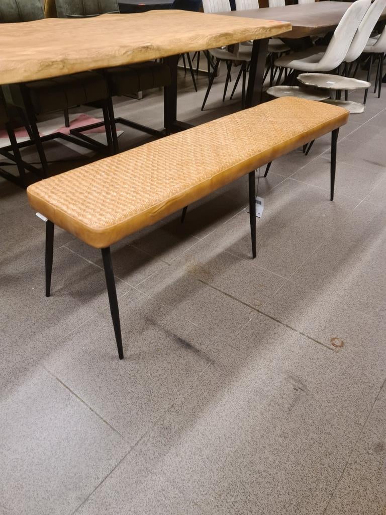 Nieuwe icathcers eetkamerbank vettel 160cm leer cognac weef, Ophalen, Industrieel landelijk barok brocante koloniaal boheems vintage