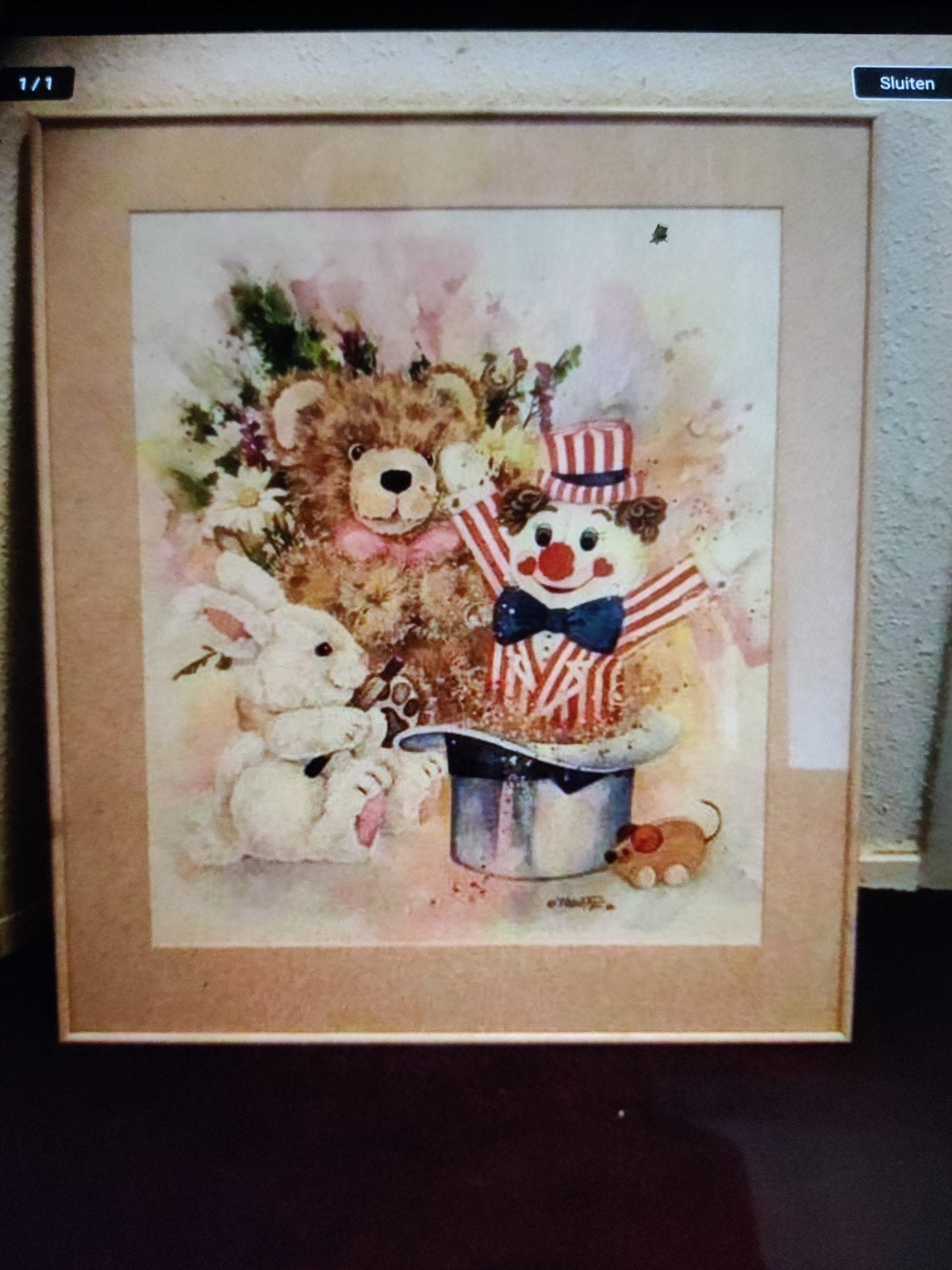 Ingelijste print met teddybeer, konijn en clown, Realistisch, Ophalen of Verzenden, Print, Overige onderwerpen