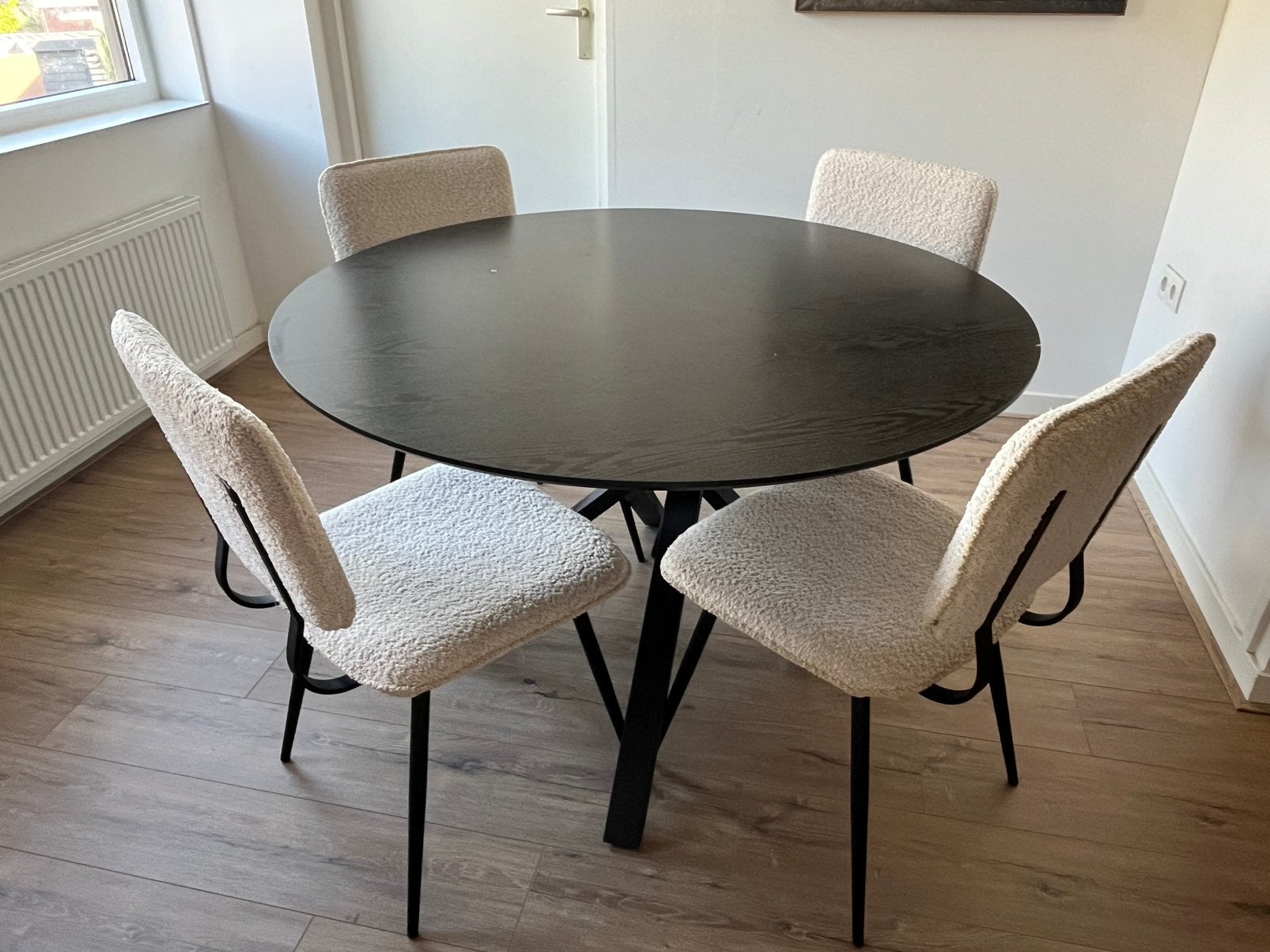 Eettafel met 4 teddy stoelen, Ophalen, Gebruikt, 100 tot 150 cm, Rond