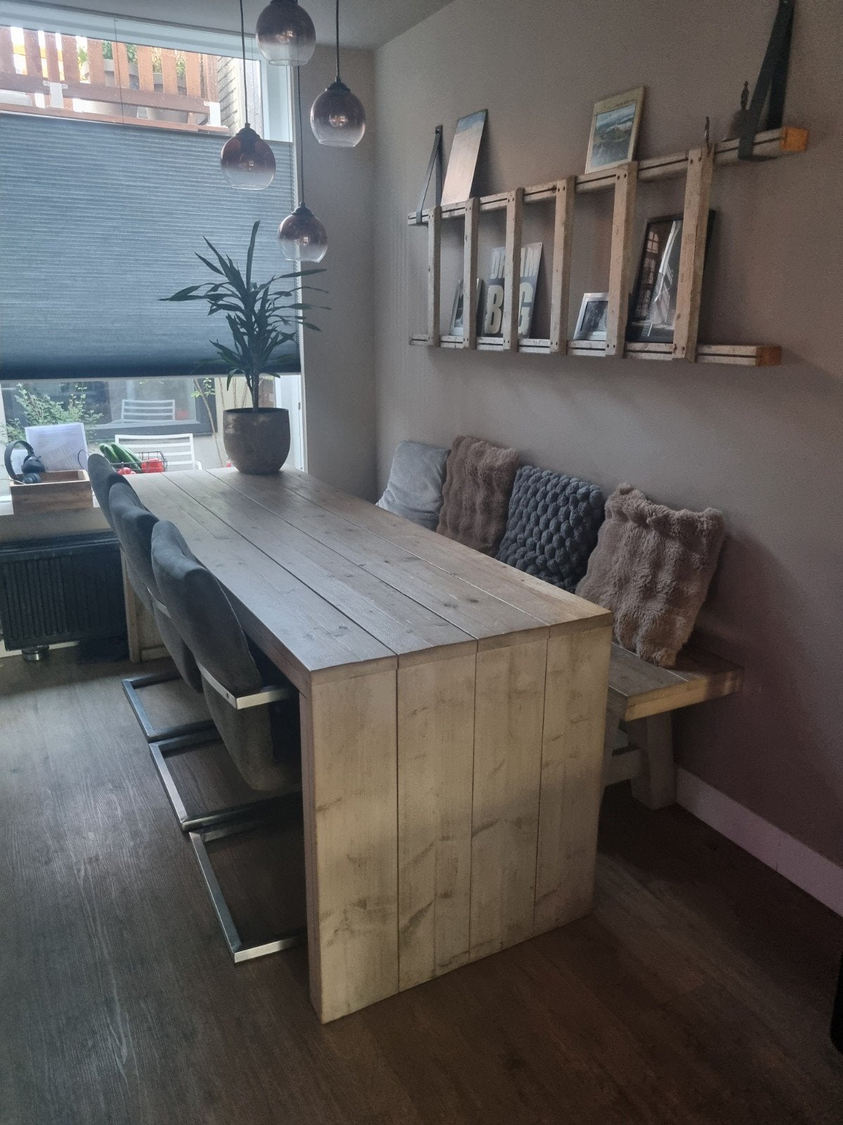 Eettafel steigerhout met bank en eventueel stoelen, Huis en Inrichting, Tafels | Eettafels, Ophalen, 200 cm of meer, 50 tot 100 cm