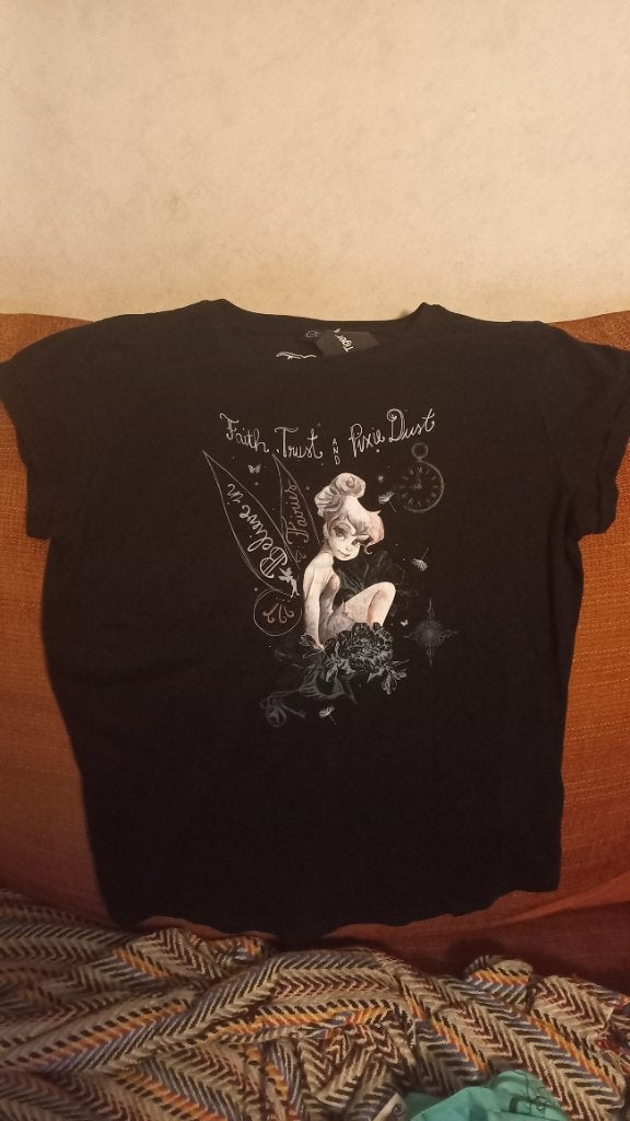 Disney Tinkerbell T-shirt - Faith, Trust & Pixie Dust, Maat 38/40 (M), Zwart, Nieuw, Earth Positive