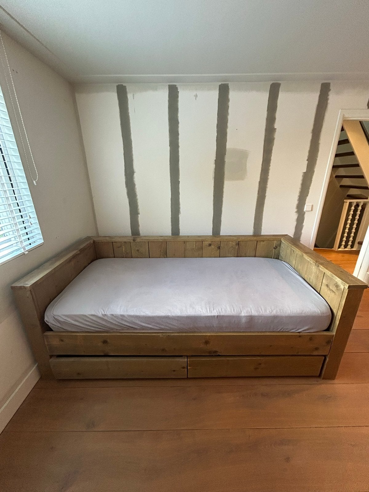 Steigerhouten bedbank met opberglades, Eenpersoons, Bruin, Steigerhout, Ophalen of Verzenden