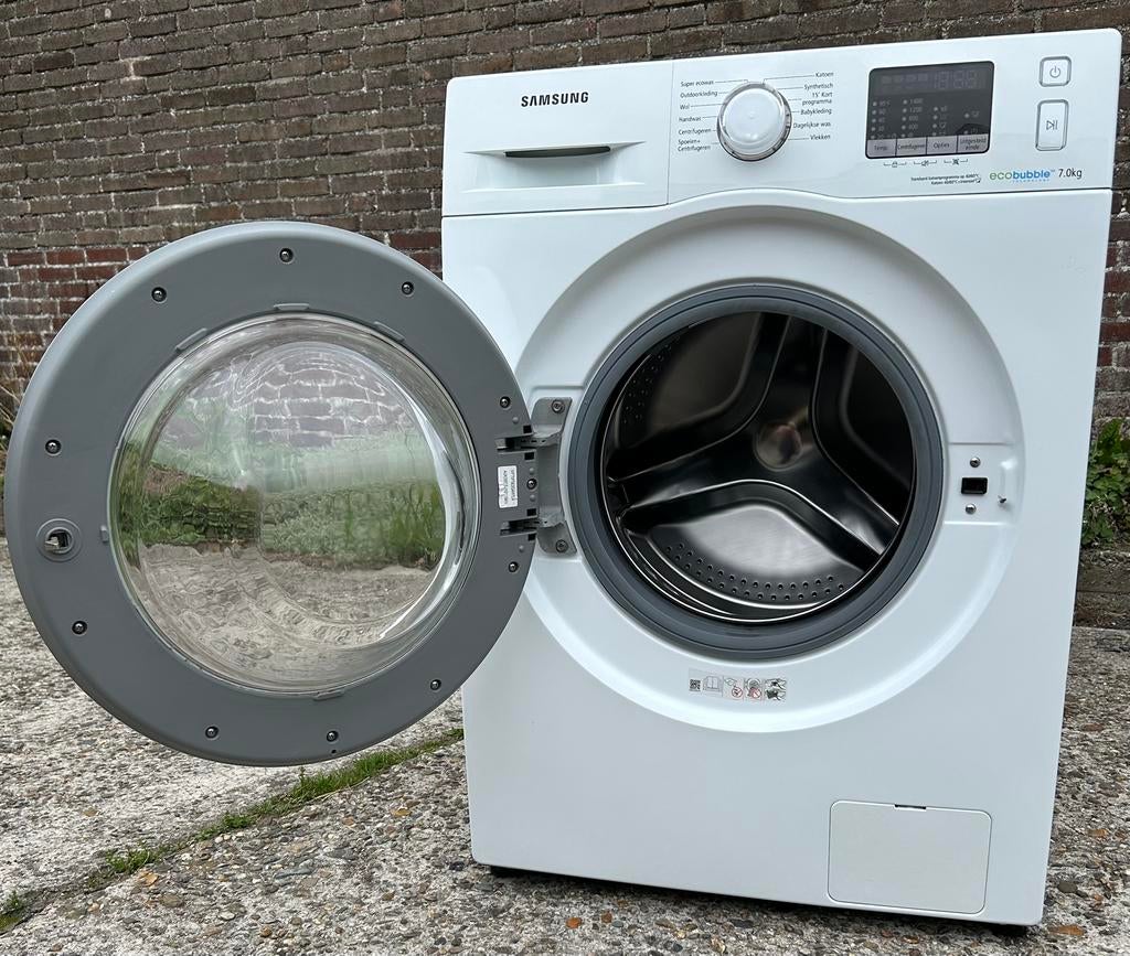 Samsung Ecobubble wasmachine 7kg - WF70F5E0Q4W, Ophalen, Gebruikt, Handwasprogramma, Voorlader
