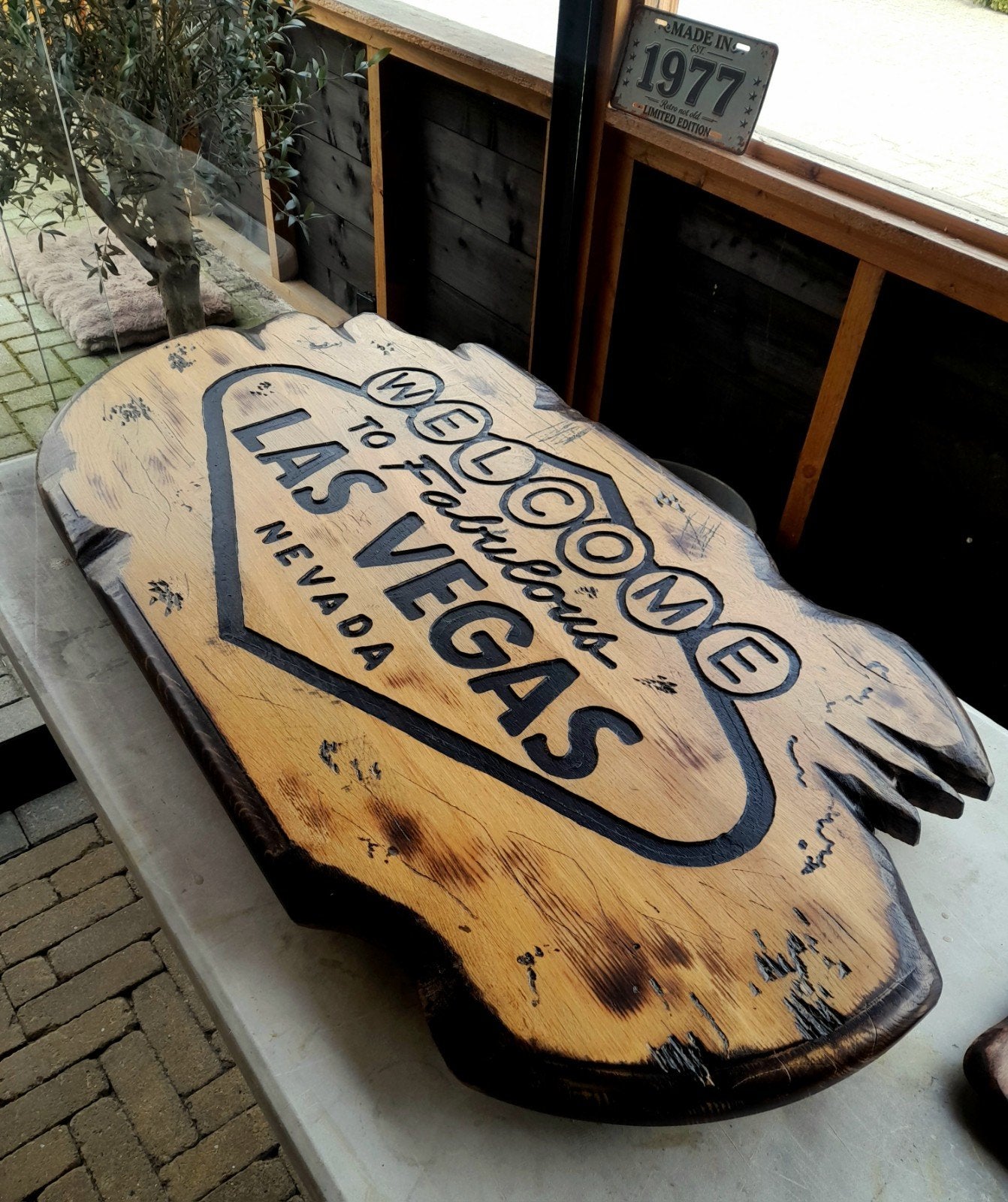 Massief eiken Las Vegas wandbord unieke mancave eyecatcher, Ophalen of Verzenden, Nieuw
