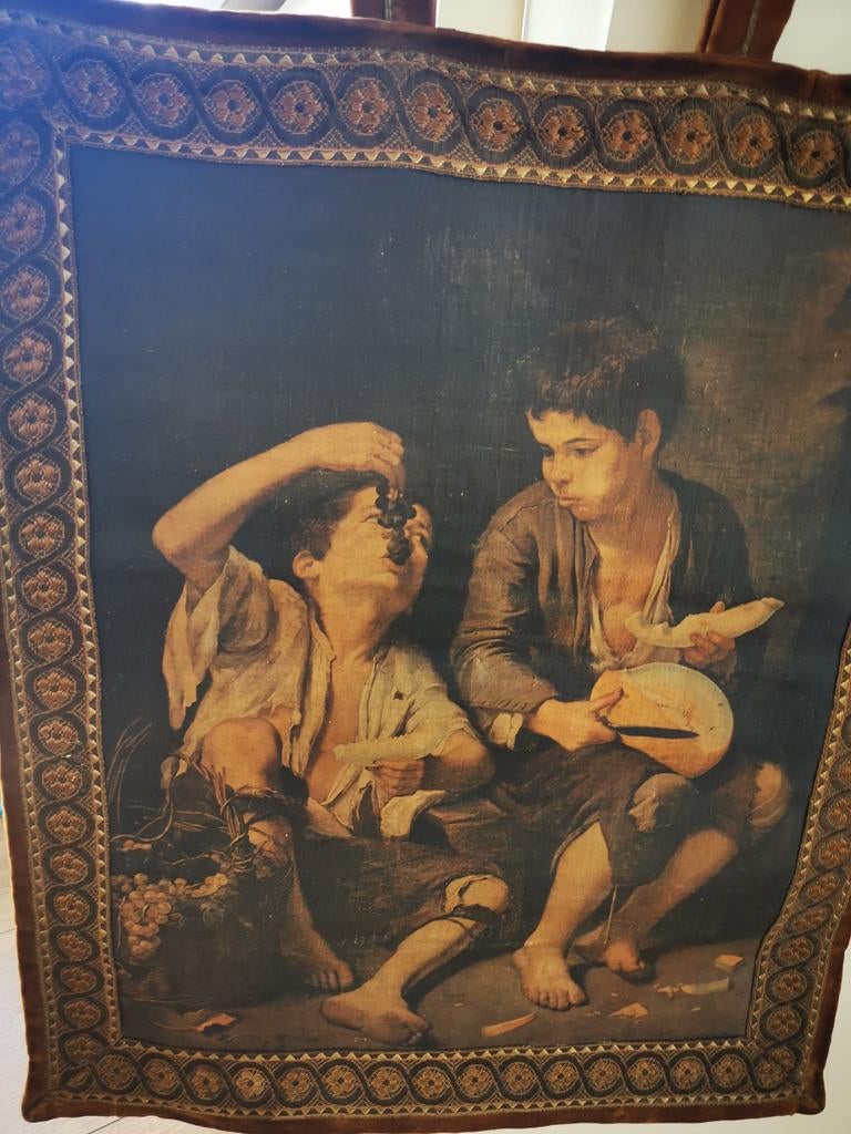 Vintage wandtapijt: Murillo's "Kinderen die druiven eten", Antiek en Kunst, Ophalen of Verzenden