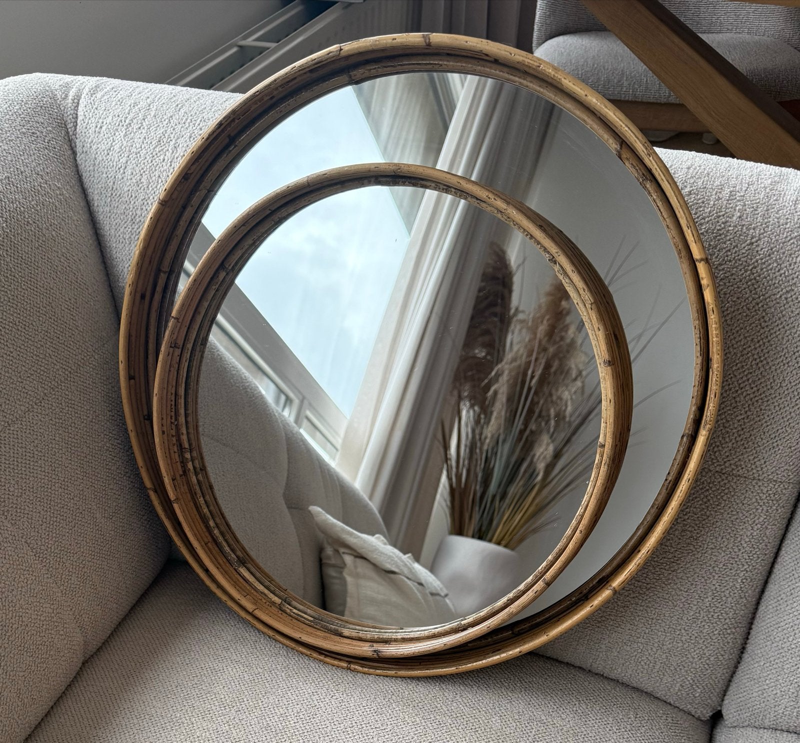 Set van 2 ronde bamboe spiegels 39 & 50 cm | boho / ibiza, Ophalen, Gebruikt, Rond, Minder dan 100 cm