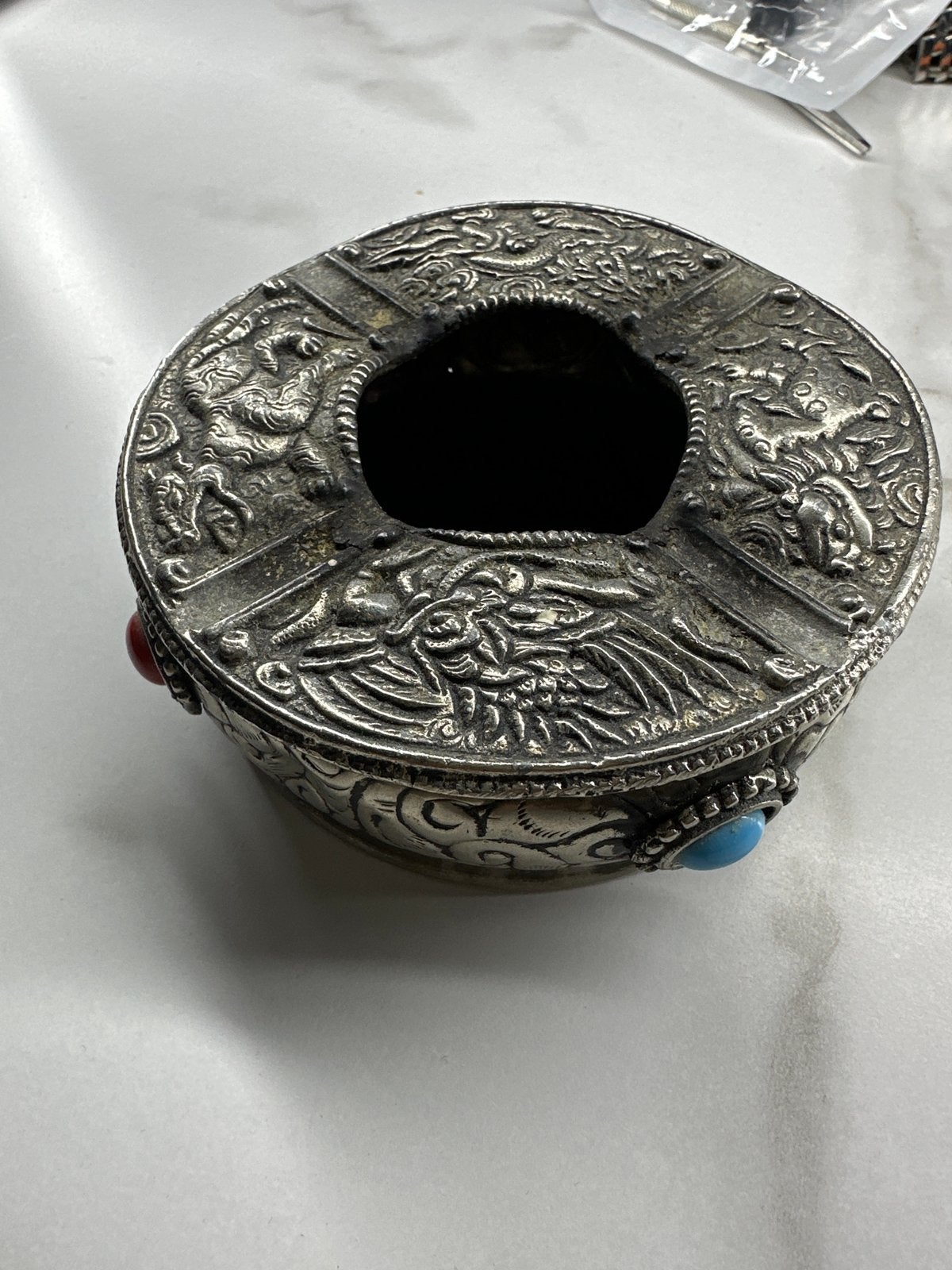 Vintage metal asbak met draken en edelstenen, Ophalen of Verzenden