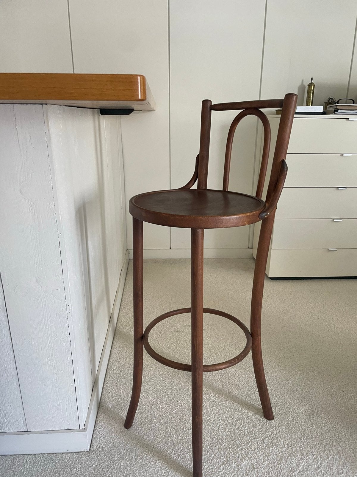 Set van 4 Thonet stijl barkrukken, hout, 80 cm zithoogte, Ophalen, Gebruikt, Met voetsteun, 60 tot 90 cm