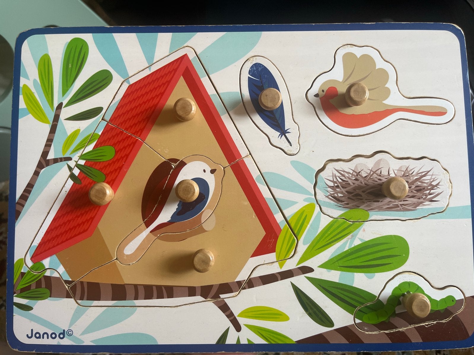 Janod Houten Puzzel Vogelhuisje en Vogels, Ophalen, 2 tot 4 jaar, Gebruikt, Van hout