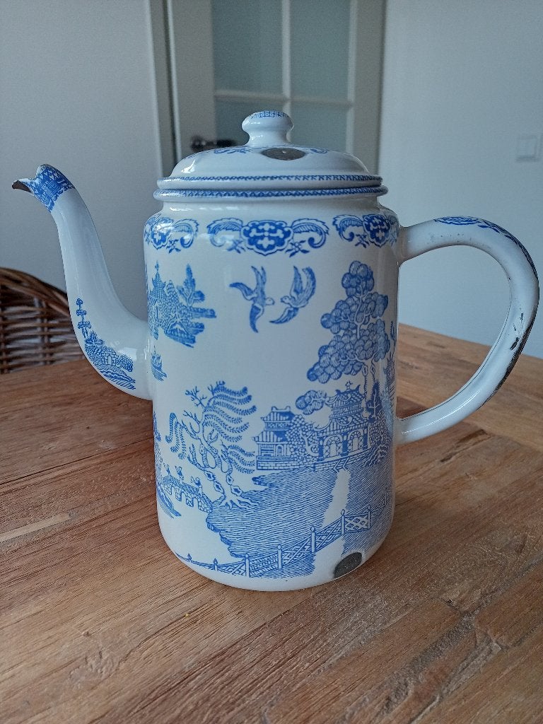 wit/blauwe emaille koffiepot Blue Willow, Ophalen of Verzenden