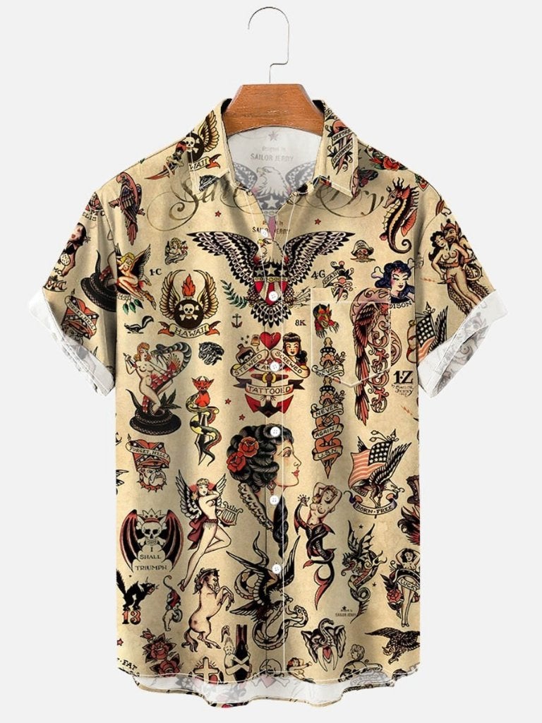 Bold tattoo overhemd (heren mannen schipper tatoeage shirt), Kleding | Heren, Verzenden, Nieuw, Meerkleurig, Overige halswijdtes