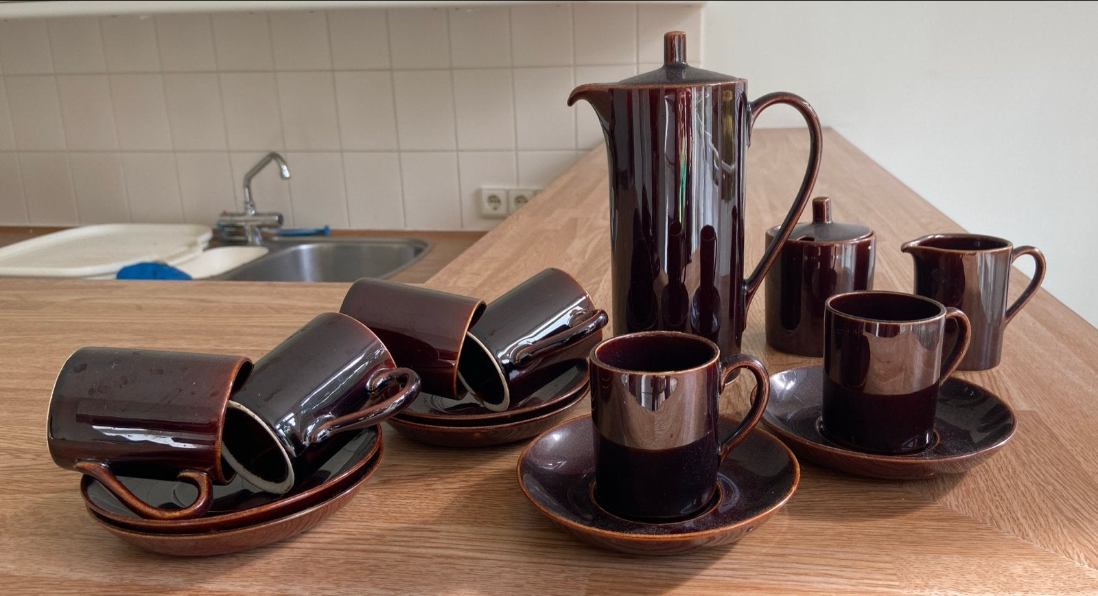 Retro koffieservies - Bruin keramiek, Gebruikt, Verzenden, Keramiek, Vintage
