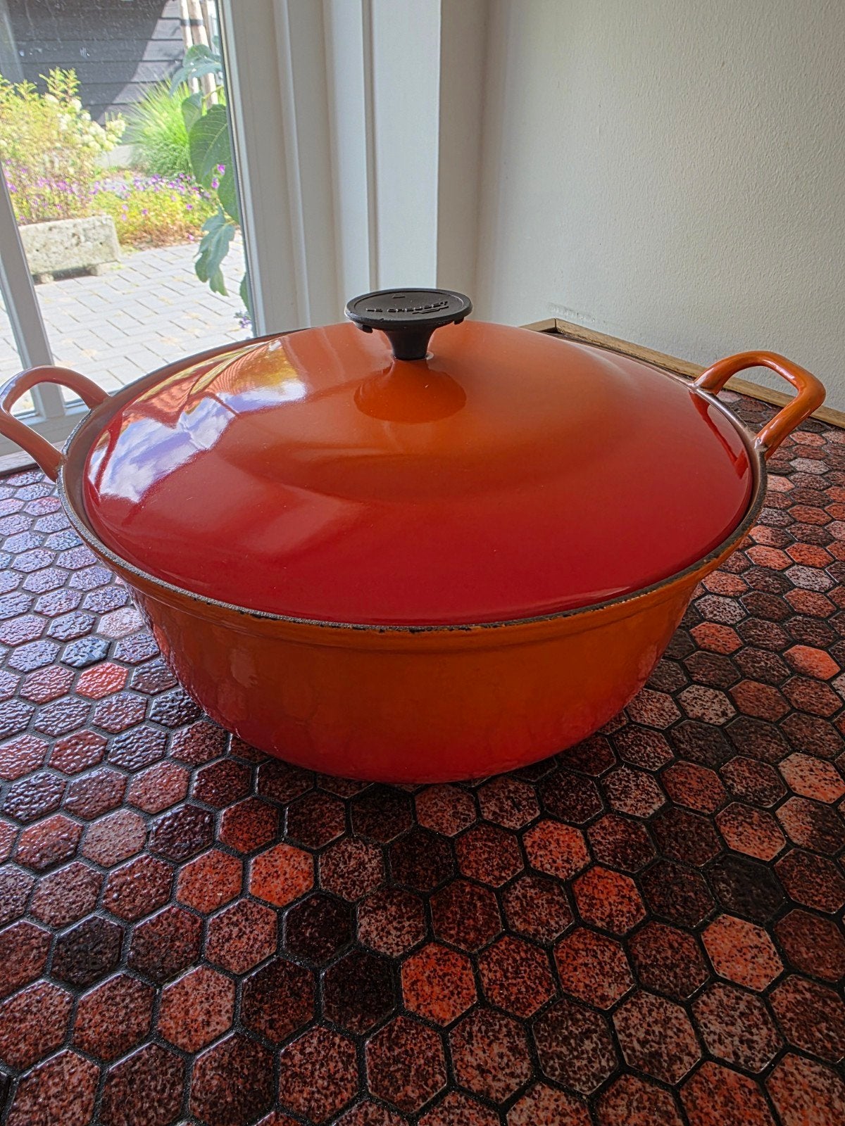 Le Creuset Braadpan Oranje - Gietijzer - Ø 30 cm, Gebruikt, Met deksel, Le Creuset, Ophalen of Verzenden