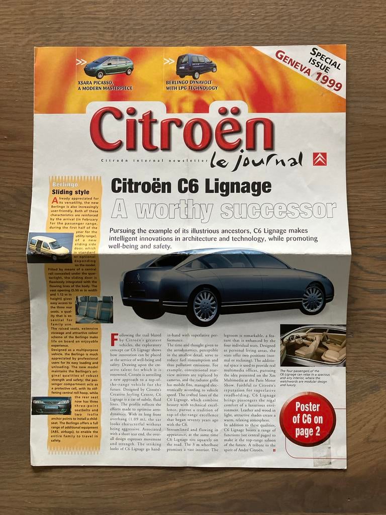 Citroën C6 Lignage Le Journal + Poster Genève 1999, Ophalen of Verzenden, Zo goed als nieuw, Citroën