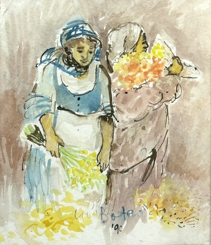 947. Aquarel – twee bloemenverkoopsters, 1990, Antiek en Kunst, Ophalen of Verzenden, Aquarel, Portret of Personen