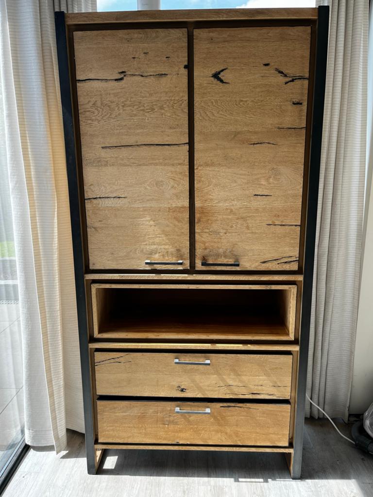 Eikenhouten kast met metalen frame en lades Henders & Hazel, Ophalen, Gebruikt, Eikenhout, 50 tot 100 cm