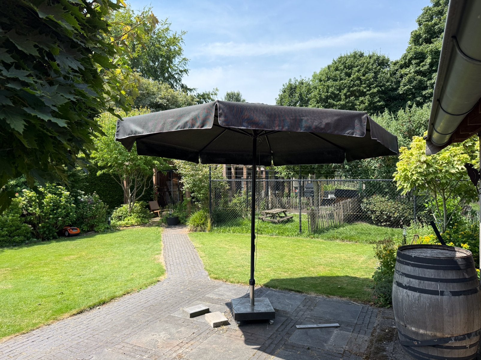 Grote zwarte parasol, Tuin en Terras, Parasols, Ophalen, Gebruikt, Stokparasol
