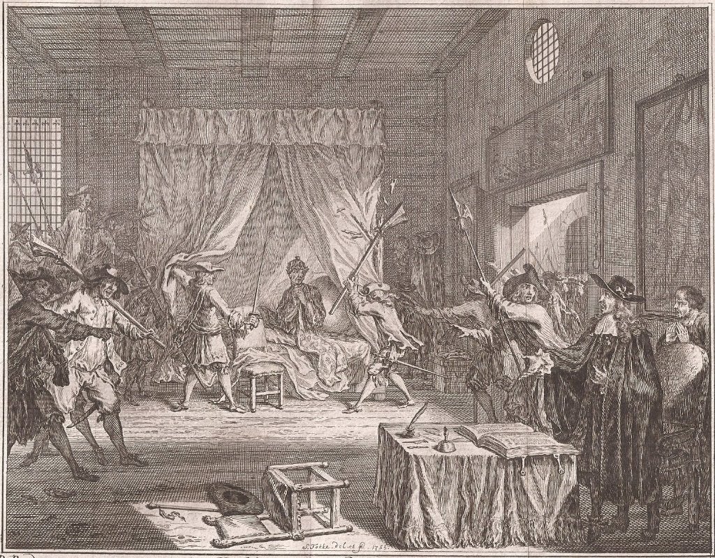 Gebroeders Kornelis en Joan de Witt overvallen Den Haag 1672, Origineel, 19 cm, Ophalen of Verzenden, Gravure
