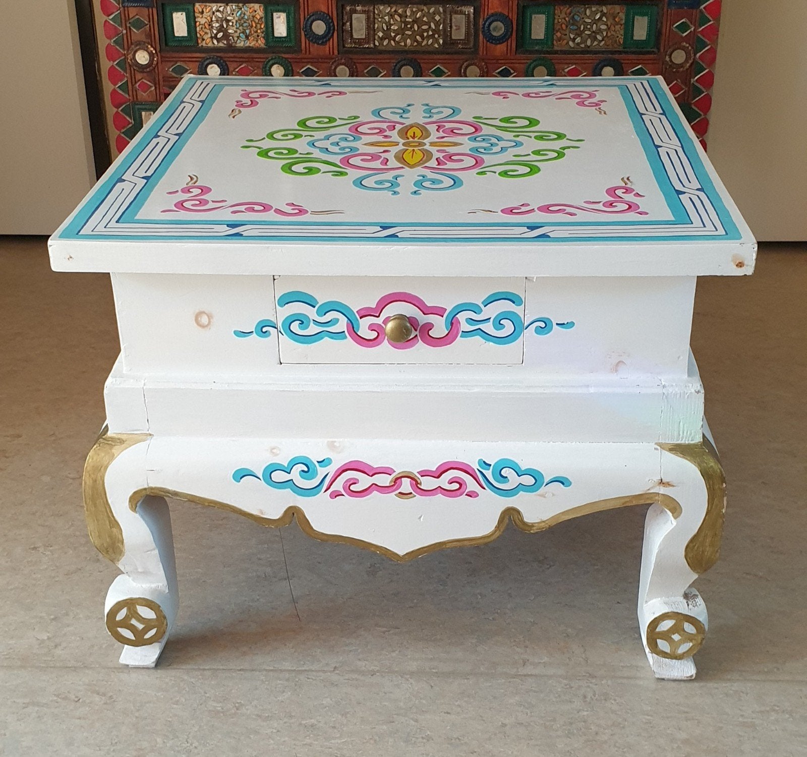 Vintage eclectische bohemian Mongolese houten tafel 70 x 70, Ophalen, 50 – 75, Gebruikt, 50 tot 100 cm