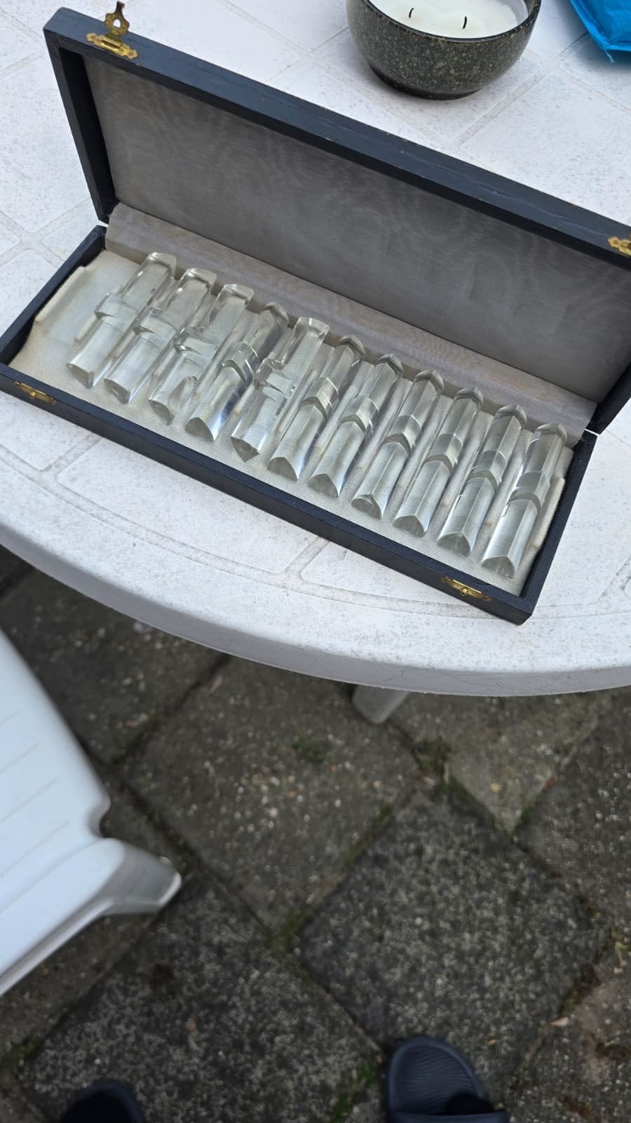 Set van 11 vintage messenleggers in doos, Antiek en Kunst, Antiek | Bestek, Ophalen of Verzenden