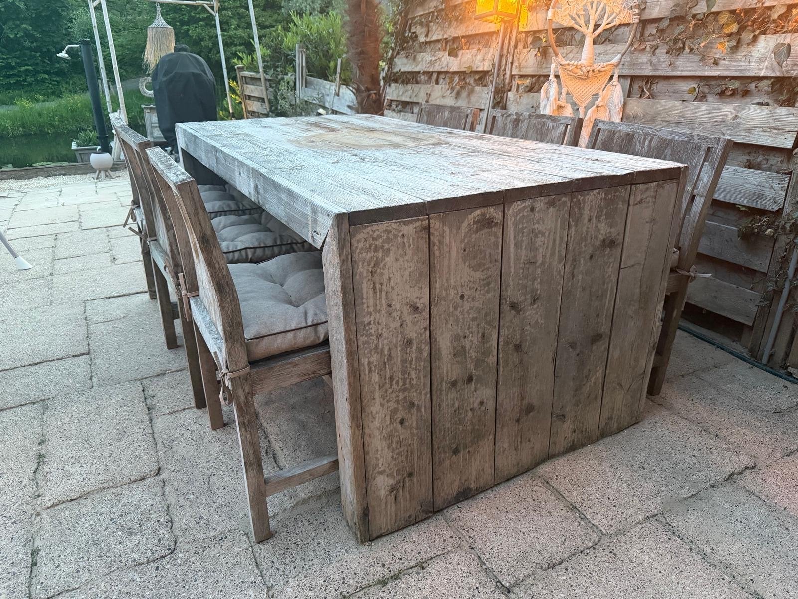 Steigerhouten eettafel met 6 stoelen en kussens - 200x100 cm, Tuin en Terras, Tuintafels, Ophalen, Gebruikt, Rechthoekig, Hout