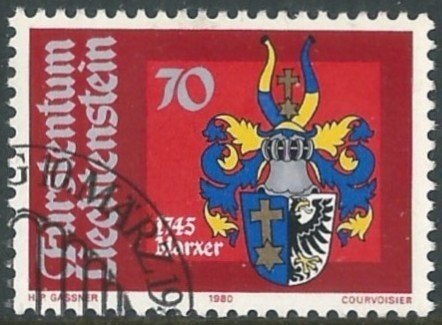 LIECHTENSTEIN 1980 70Rp. Wapen, Michel: 744, Gestempeld., Verzenden, Overige landen, Gestempeld
