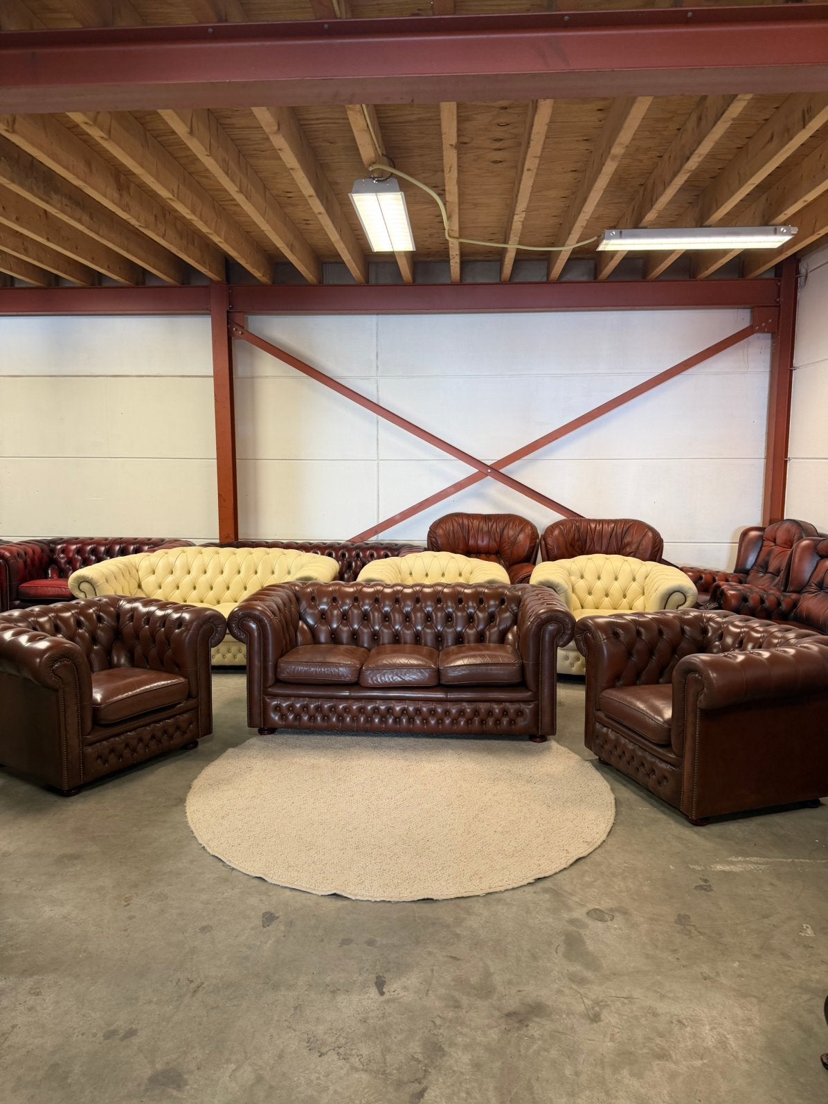 Bruine leren chesterfield bankstel set 3-1-1 Z.G.A.N., Antiek en Kunst, Antiek | Meubels | Stoelen en Banken, Ophalen of Verzenden