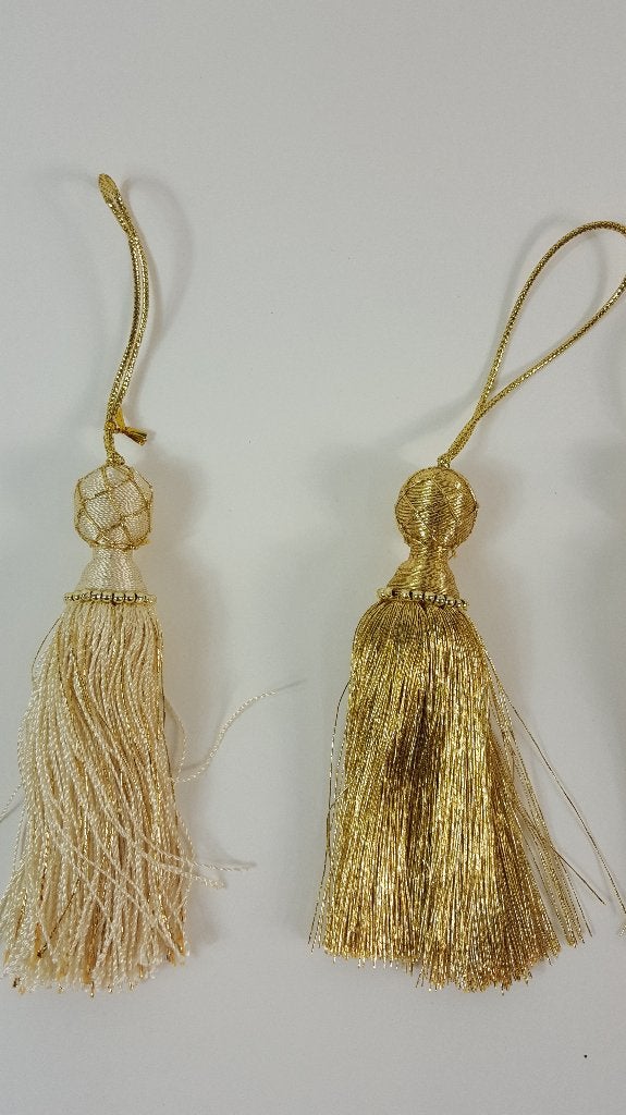 Gouden kwasten, 6 stuks, kerstversiering, 12 cm. W1, Diversen, Tweedehands verkoop, Tweedehands verkoop, Gebruikt, Ophalen of Verzenden