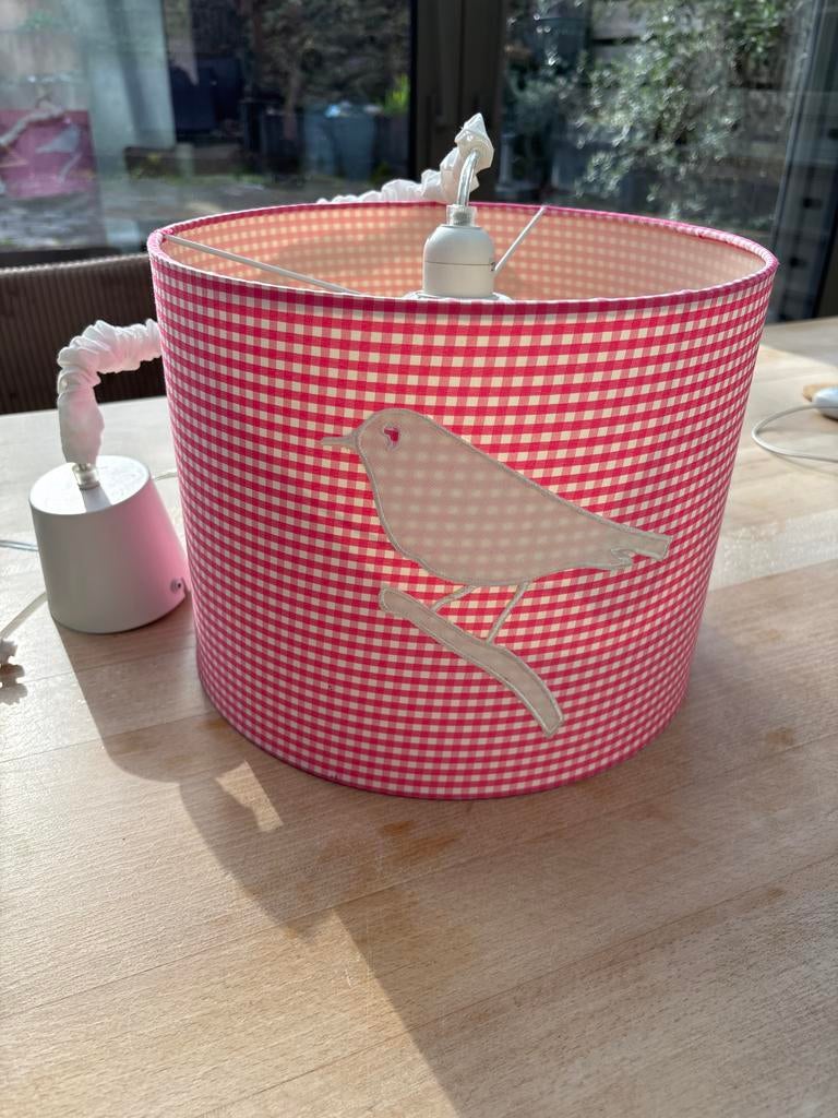 Leuke roze geruite lampenkap met vogelmotief, Gebruikt, 25 tot 50 cm, Overige kleuren, Rond