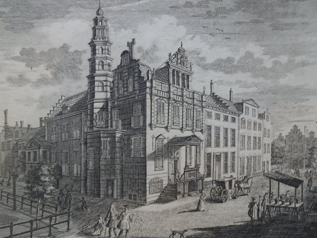 gravure Stadhuis Groenmarkt-Kerkplein Den Haag A. Beek 1720, Antiek en Kunst, Stadsgezicht, Ophalen of Verzenden, Gravure, Origineel