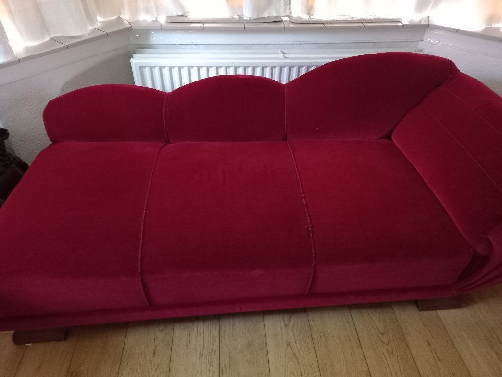 Art Deco Chaise longue theater rood/ wijnrood, Gebruikt, Eenpersoons, 150 tot 200 cm, 75 tot 100 cm