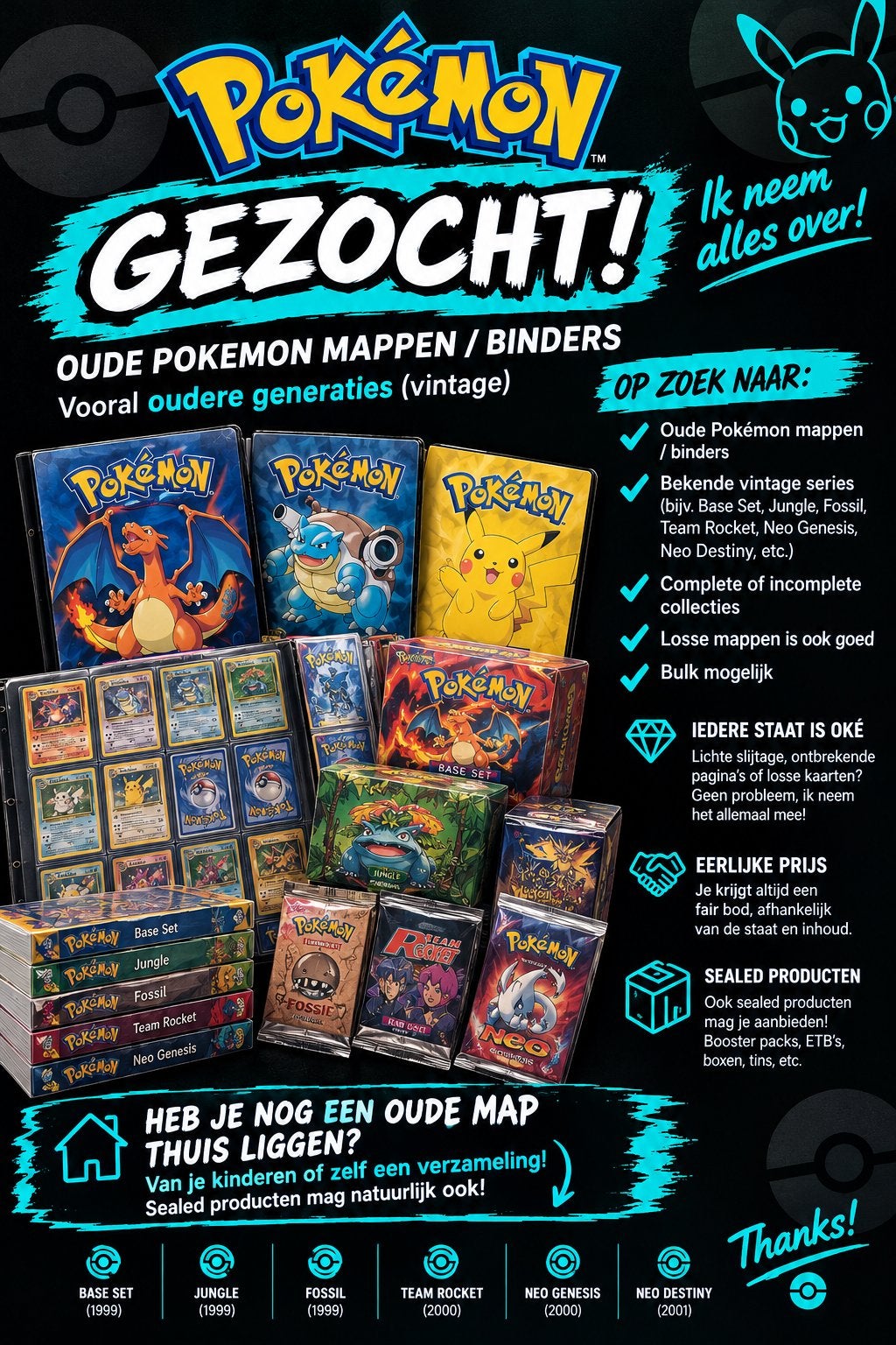 Gezocht: Oude Pokémon Mappen / Binders & Sealed Producten, Hobby en Vrije tijd, Ophalen of Verzenden, Gebruikt, Overige typen