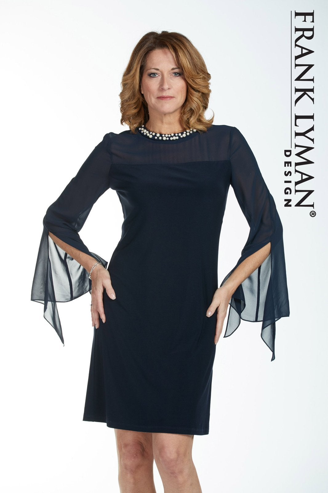 Frank Lyman luxe jurk blauw chiffon mouw parel detail 36, Nieuw, Maat 36 (S), Onder de knie, Verzenden