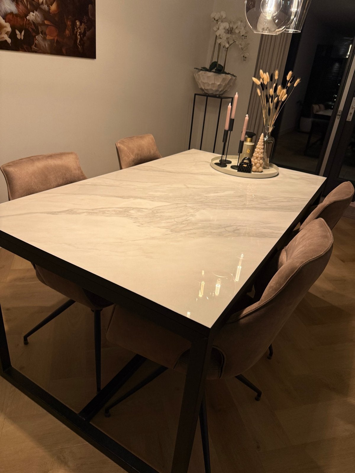 Elegante eettafel met marmerlook blad 160x90, Huis en Inrichting, Ophalen, 50 tot 100 cm, Zo goed als nieuw, Vier personen