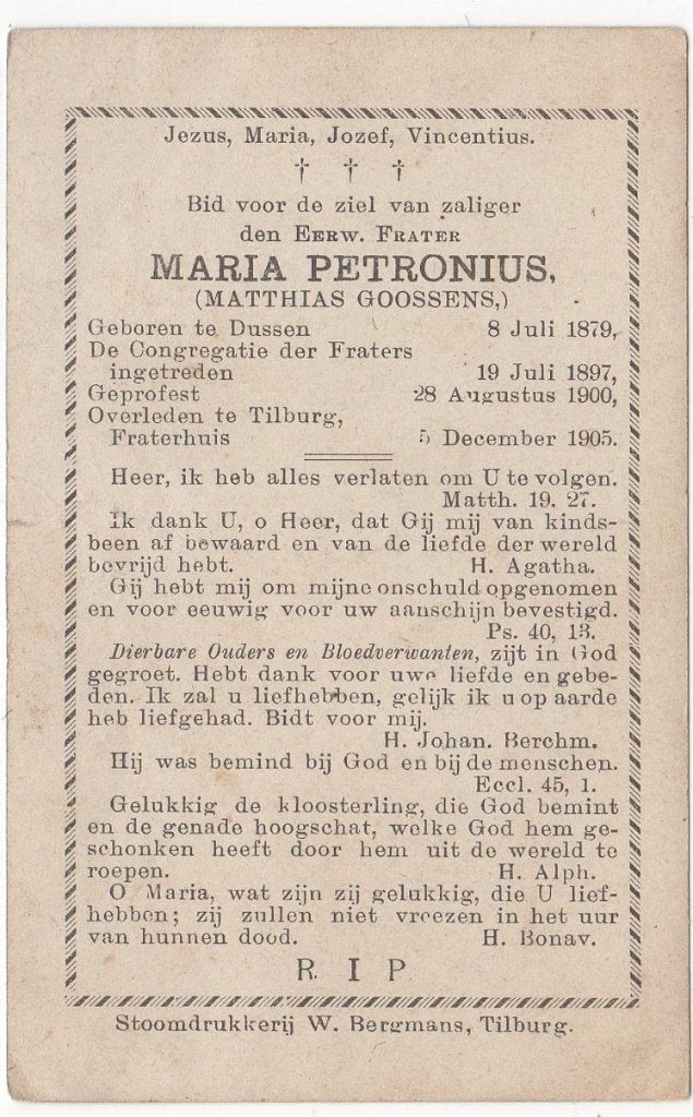frater Matthias Goossens 1879 Dussen + 1905 Tilburg, 26 jaar, Verzenden