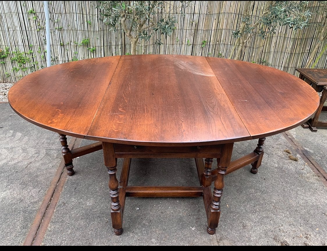 Antieke eikenhouten gateleg tafel met lade, Ophalen of Verzenden