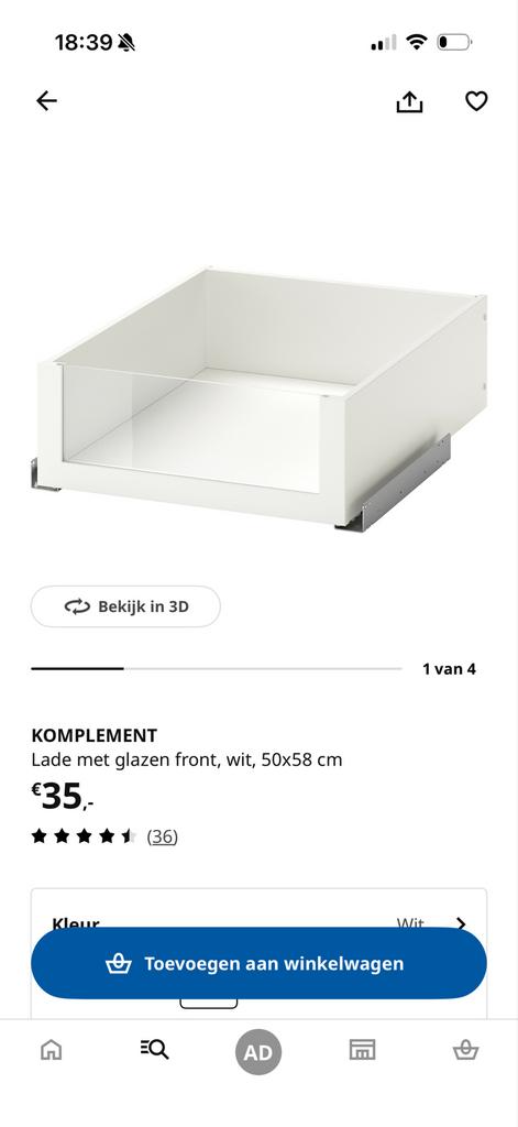 IKEA KOMPLEMENT Lade met glazen front, wit, 50x58 cm, Huis en Inrichting, Ophalen, Zo goed als nieuw