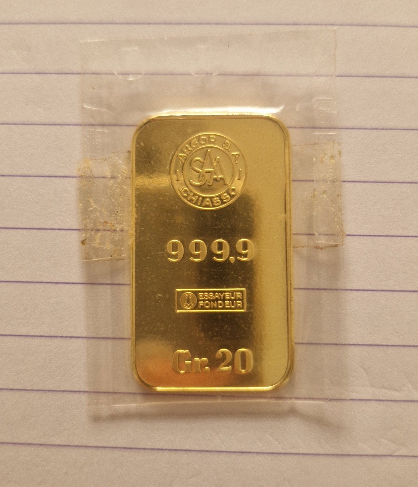 Goudbaar  20 gram argor chiasso 999.9 Fijn Goud, Ophalen of Verzenden, Goud