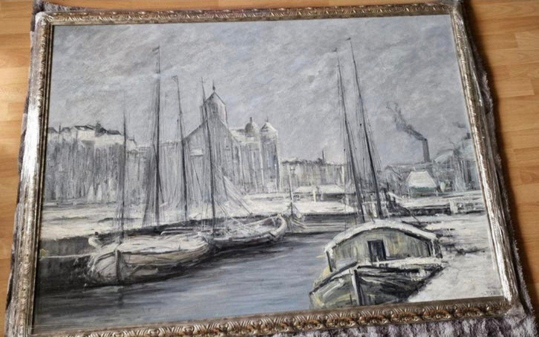 Ingelijst olieverfschilderij havengezicht met boten, Antiek en Kunst, Kunst | Schilderijen | Klassiek, Ophalen