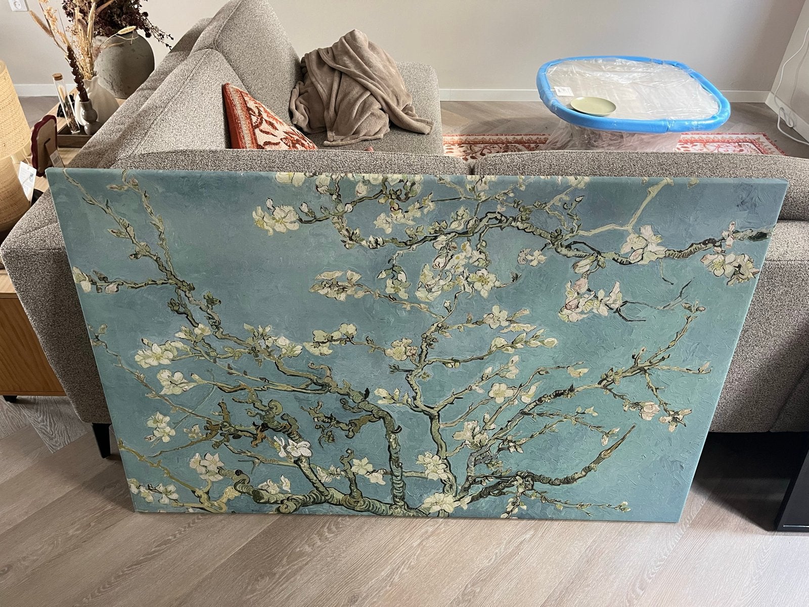 Schilderij Amandelbloesem van Van Gogh op canvas, Antiek en Kunst, Doek, Klassiek, Print, Ingelijst