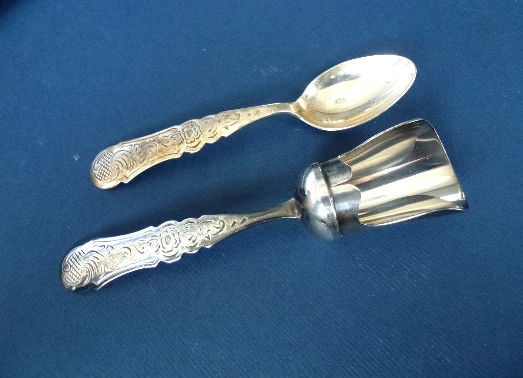 Biedermeier suikerschepje/ lepel en lepeltjes, verzilverd, Ophalen of Verzenden