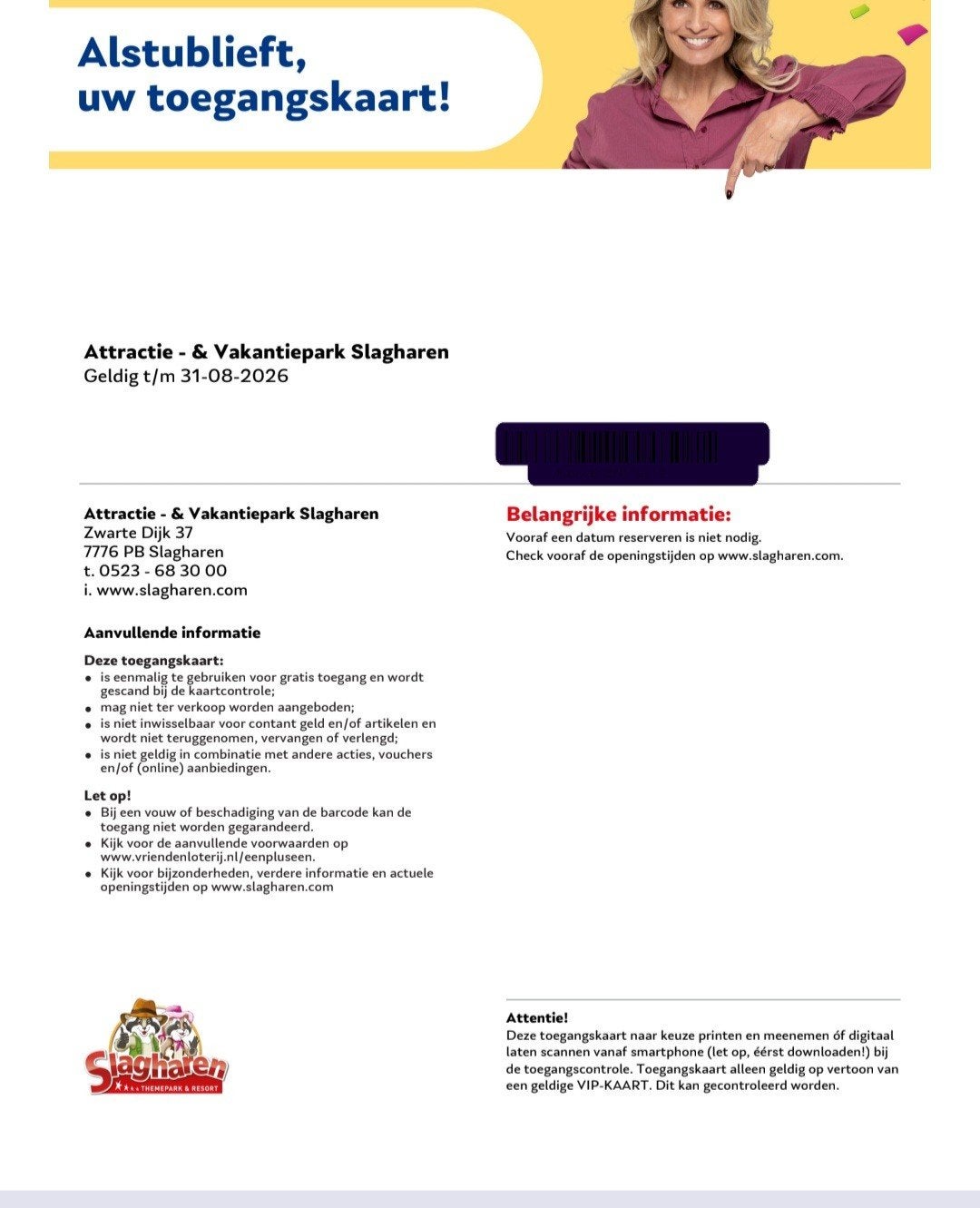 50 % korting kaartje slagharen geldig tm 31 augustus, Tickets en Kaartjes, Recreatie | Pretparken en Attractieparken, Eén persoon