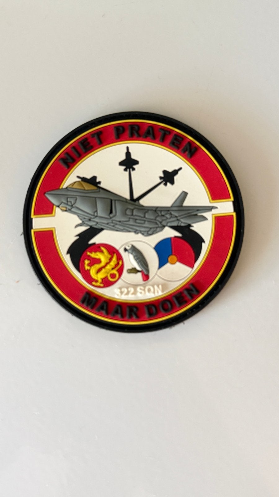 322 Squadron F-35 Patch - Niet Praten Maar Doen, Ophalen of Verzenden, Luchtmacht, Nederland, Embleem of Badge