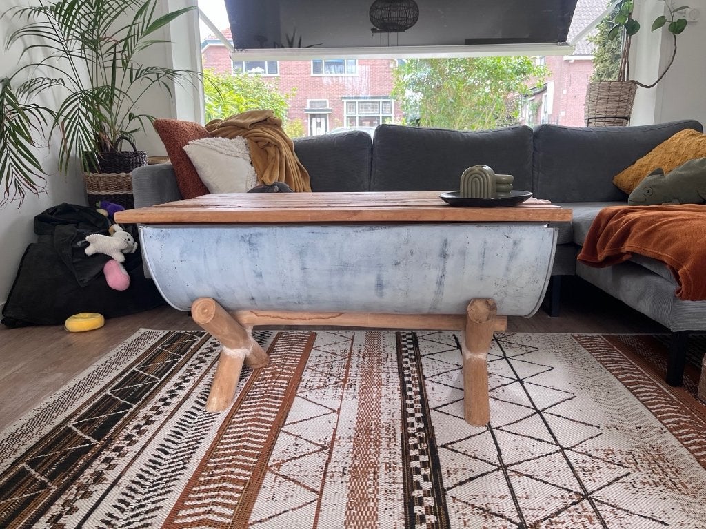 Salontafel van half olievat (met opbergruimte), Ophalen, Gebruikt, 100 tot 150 cm, 50 tot 100 cm