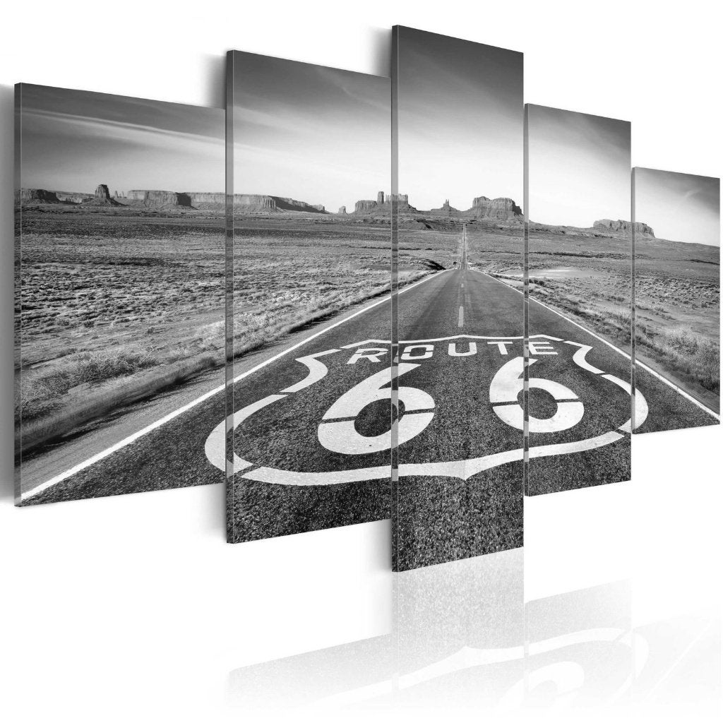651 Route 66 Zwart Wit 5 Luik Canvas Schilderij 200x100cm, Ophalen of Verzenden