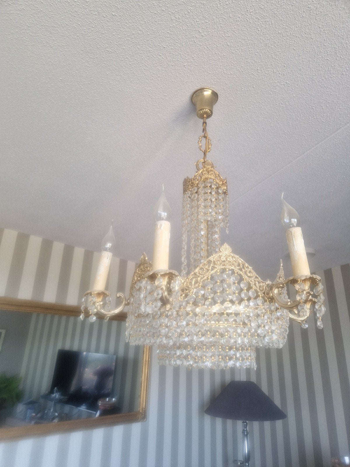 Gouden Kroonluchter met Kristallen - Klassiek Design, Ophalen, Gebruikt, E14 (klein), Glas